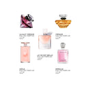 a collection of six perfume bottles, each with unique designs and sizes.