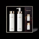 a set of three beauty products from the brand CEMOY, including a pump bottle, a pump bottle, and a small bottle, all of which are white and have gold accents.