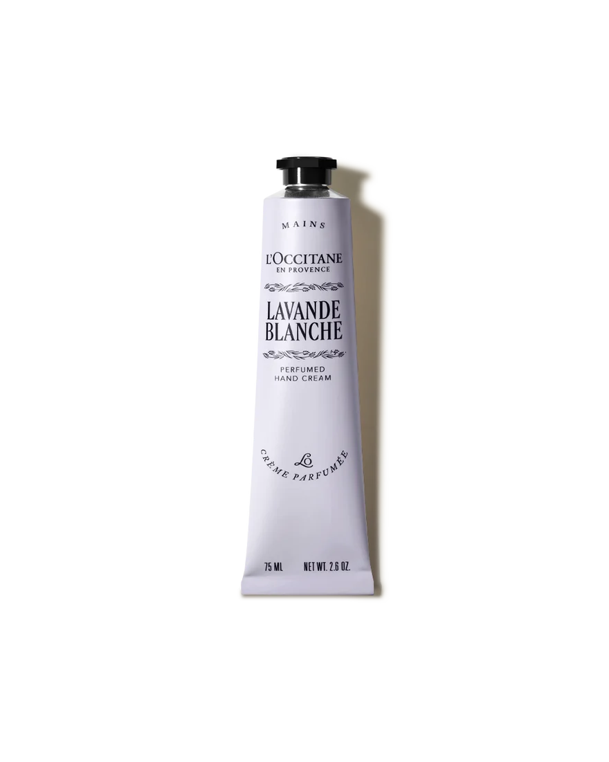 A tube of L'OCCITANE LAVANDE BLANCHE hand cream.