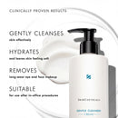 The image is an advertisement for a skin care product called "Gentle Cleanser Cream" by SkinCeuticals. It features a bottle of the product and a swatch of the product on a white background. The text highlights the product's clinical proven results, including gently cleanses skin, hydrates and leaves skin feeling soft, removes long-wear eye and face makeup, and is suitable for after-office procedures.