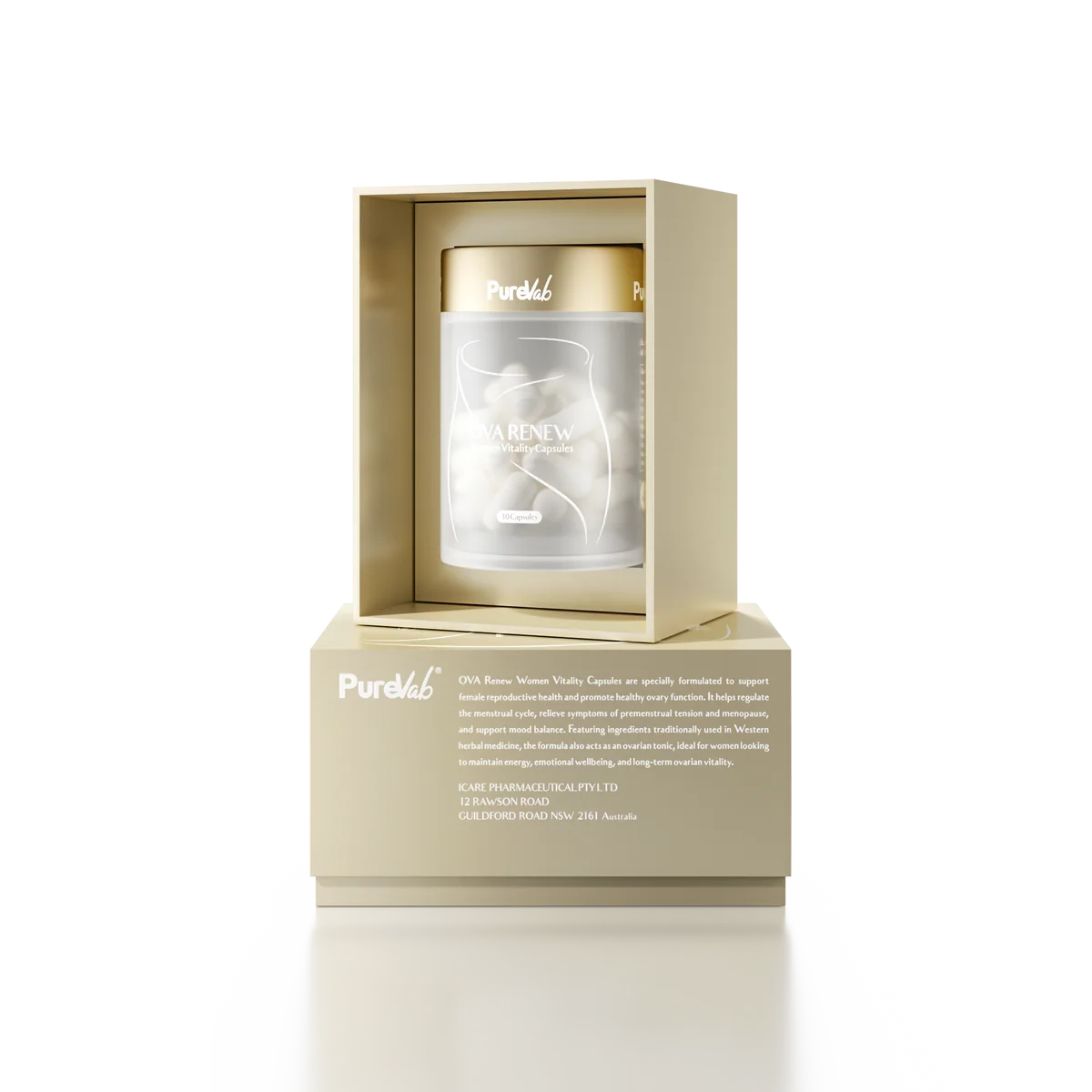 a product packaging for a vitamin supplement called "Vita Renew". The product is placed in a white box with a gold lid, and there is a text box below the product that provides information about the product.