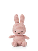 A pink, striped stuffed bunny toy is sitting on a white background.