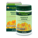 a bottle of Propolis 2000mg capsules and a box of the same product, both with a green and yellow color scheme.