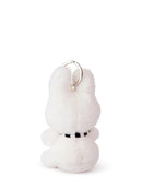 A white plush bunny toy with a black and white striped collar is shown against a plain white background.