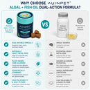 The image is a comparison of two different fish oil products, one labeled "Auipet" and the other labeled "Single Source Fish Oil Products". The products are presented side by side, highlighting their differences and benefits.