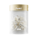 A transparent glass jar containing 30 capsules of OVA Renew capsules.