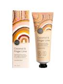 two tubes of coconut and finger lime hand cream from the brand Koh. The tubes are labeled as Australian-made and contain a moisturizing hand cream with organic shea butter and macadamia seed oil. The packaging is described as being made in Australia and has a capacity of 75ml or 2.5fl oz.