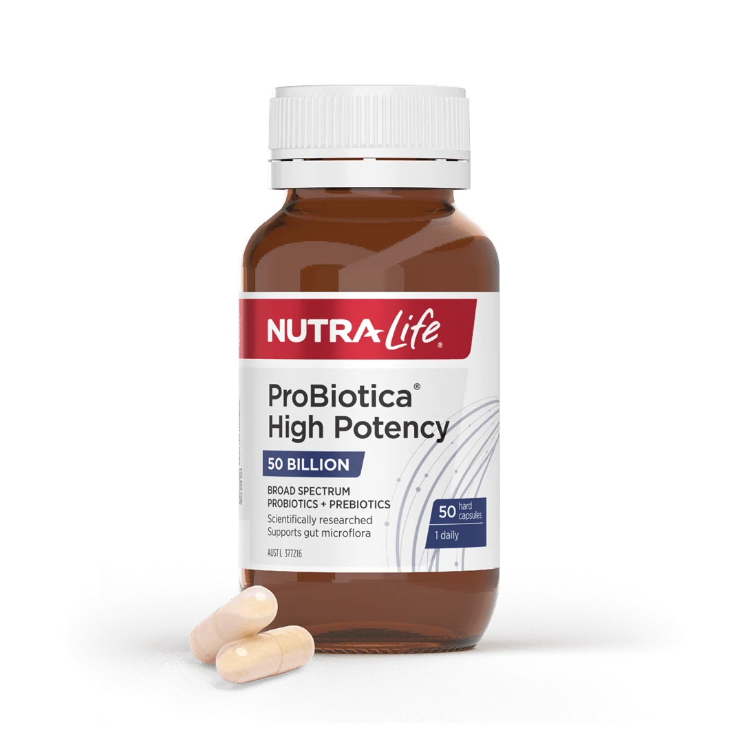 A bottle of NutraLife ProBiotic High Potency 50 Billion, a broad spectrum probiotic and prebiotic supplement, with a white cap and a red label.