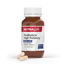 A bottle of NutraLife ProBiotic High Potency 50 Billion, a broad spectrum probiotic and prebiotic supplement, with a white cap and a red label.