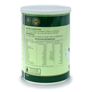 a green can of a powdered drink mix, with nutritional information and serving suggestion details printed on it.