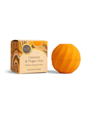 a box of coconut and finger lime lip balm next to a round orange container, both placed against a white background.