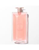 A clear glass perfume bottle with a pink liquid inside, placed against a white background.