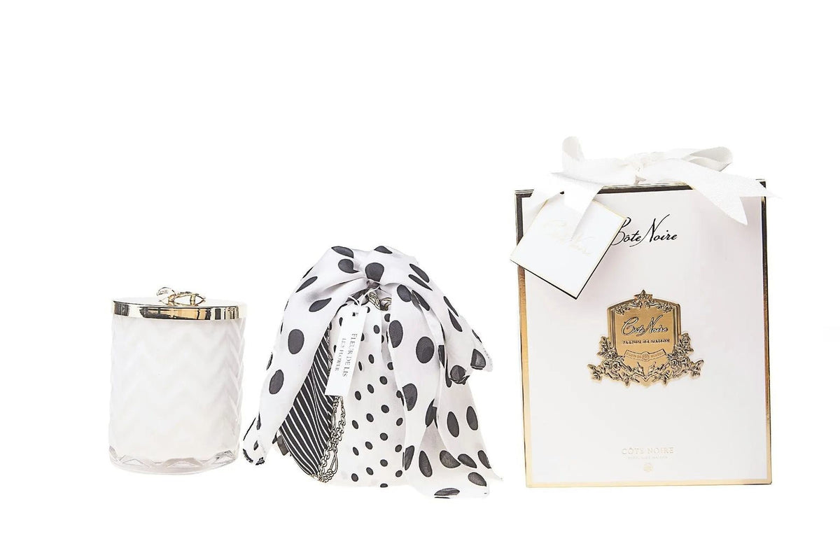 Cote Noire - Herringbone Candle With Scarf - White - Lilly Flower Lid - HCG06 Cote Noire