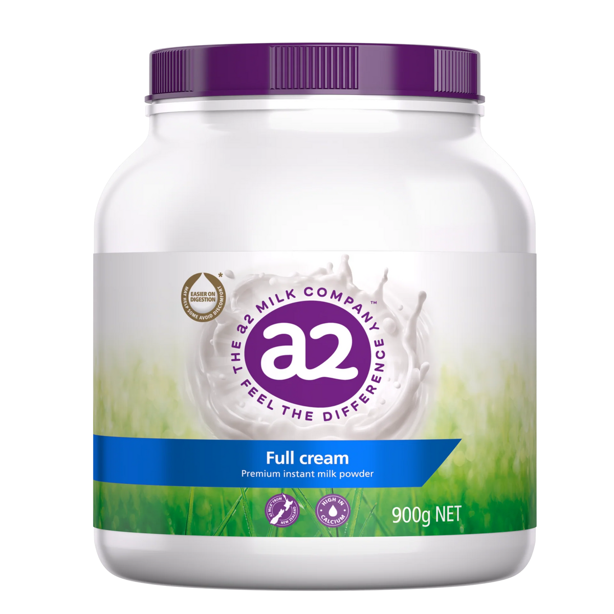 a jar of a2 milk company's Full cream instant milk powder, with a purple cap and a label that includes the product name and nutritional information.