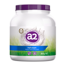 a jar of a2 milk company's Full cream instant milk powder, with a purple cap and a label that includes the product name and nutritional information.