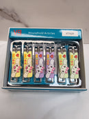A set of colorful nail clippers with cartoon characters on them, displayed in a blue box labeled "Household Articles".
