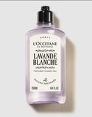 a bottle of L'Occitane lavender blanche shower gel.