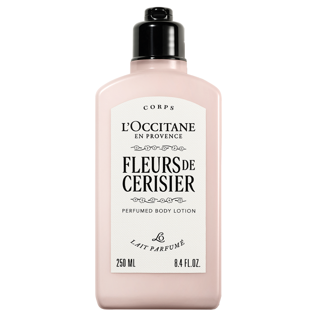 A bottle of L'Occitane France floral body lotion.