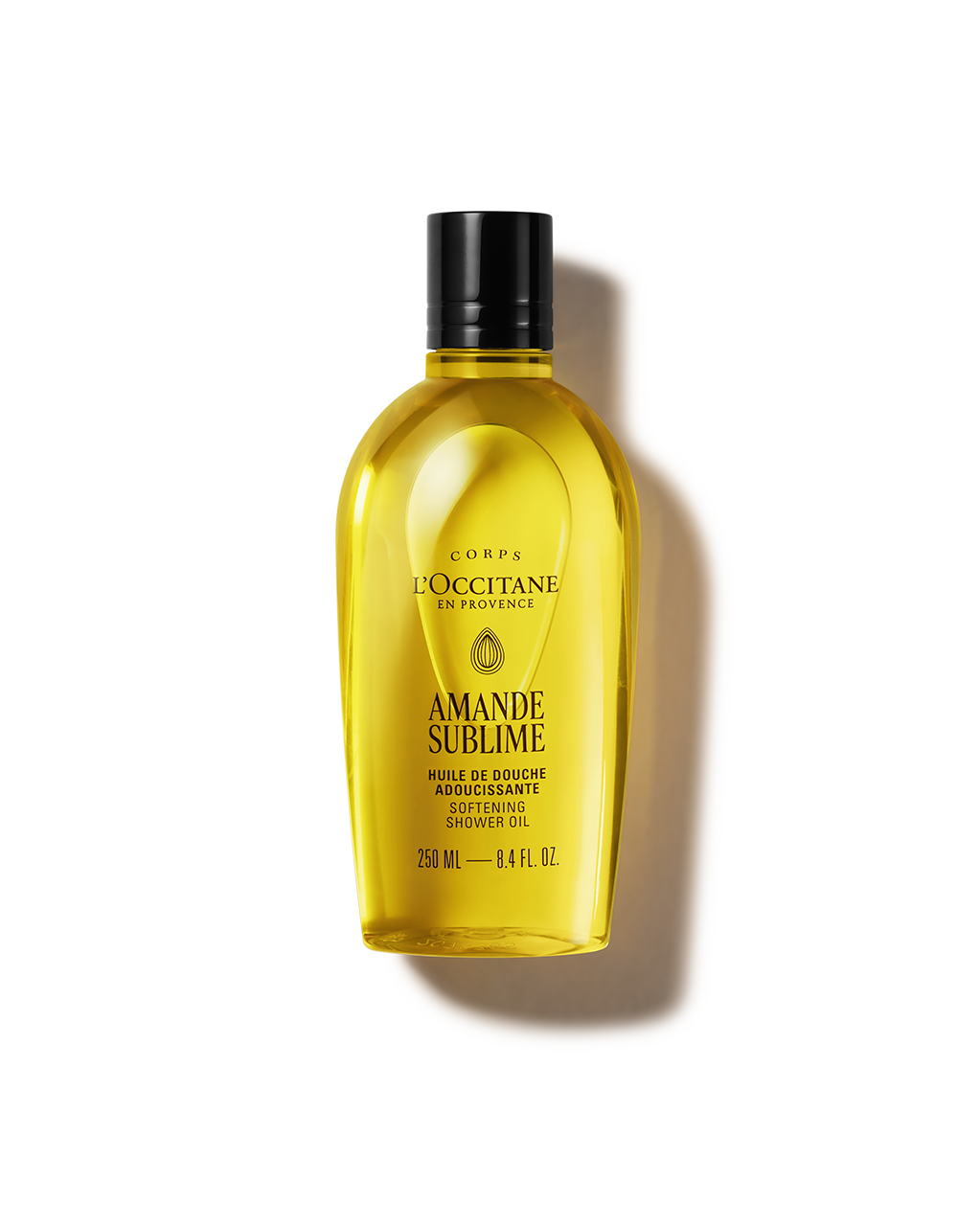 A bottle of L'OCCITANE en Provence Amande Sublime Shampoo GEL, containing 250 mL (8.4 FL OZ) of liquid.