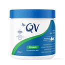 The image is a product label for a 250g jar of QV Cream for sensitive skin.