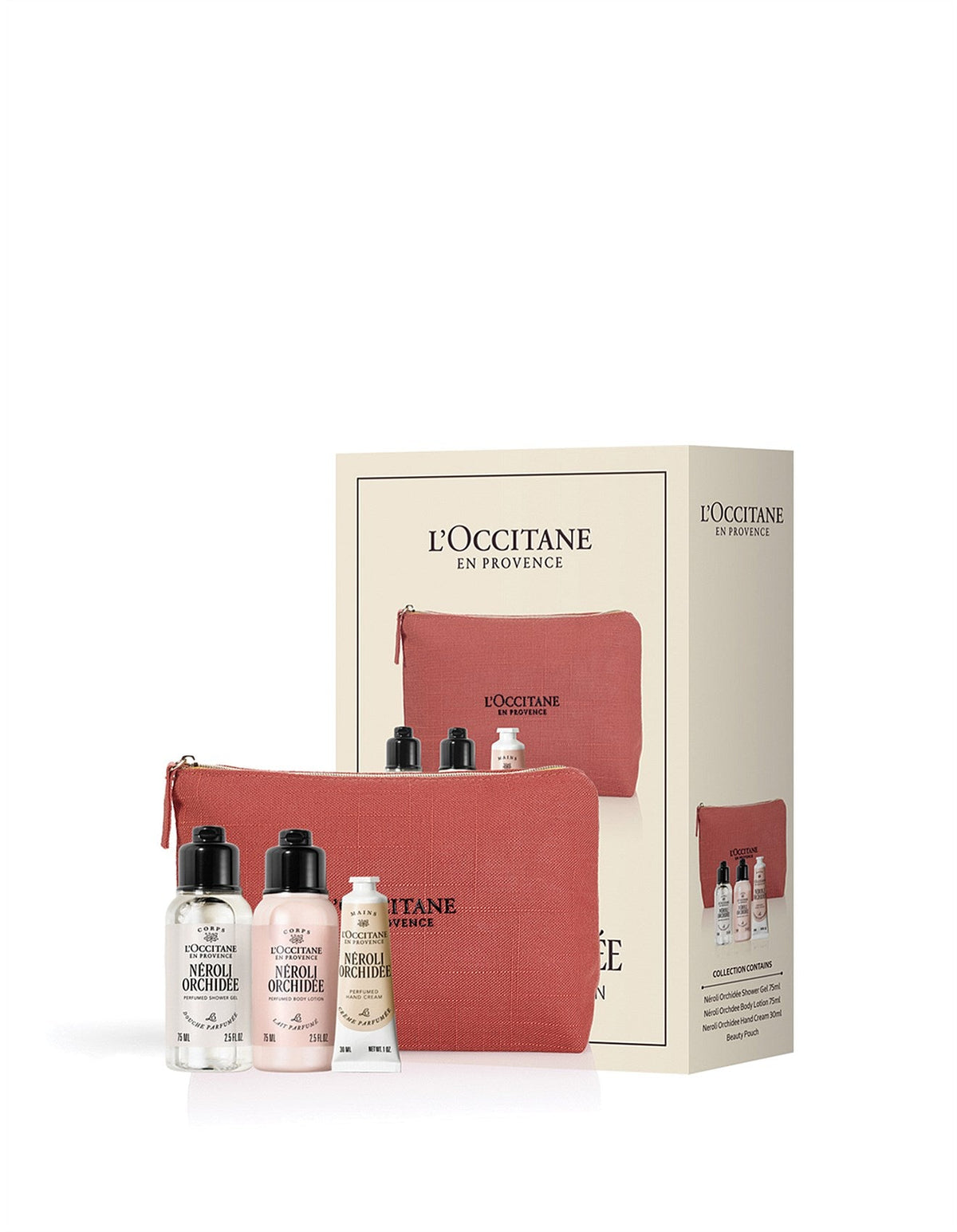 a set of beauty products from the brand L'Occitane, including a red makeup bag, a makeup bag, and three bottles of different sizes.