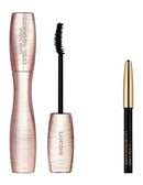 three makeup products: a pink mascara tube, a black mascara wand, and a black eyeliner tube.