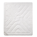 A white, square-shaped quilt or blanket with a geometric pattern.