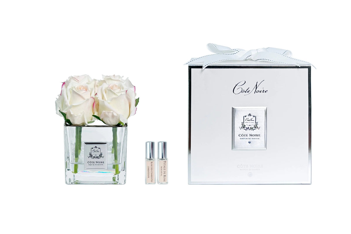 Cote Noire Couture 4 Rose Buds - Square Clear Vase - Silver & Pink Blush - SVS402 Cote Noire