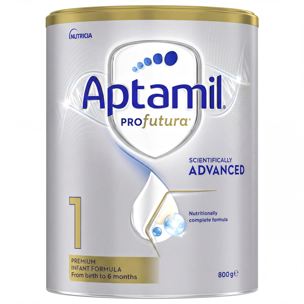 A can of Aptamil Pro Futura infant formula, which is a scientifically advanced premium formula for infants aged 1 month to 6 months.