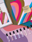 a collection of various perfume bottles and a keychain, all arranged on a colorful background.