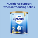 A can of Aptamil Gold 2 nutritional support formula for introducing solids, with a blue background and white text.
