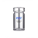 A clear glass bottle with a silver cap, containing a blue-colored substance.