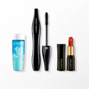 five beauty products from the Lancome brand, including a blue liquid, a black mascara, a black eyeliner, a red lipstick, and two black compact makeup containers.