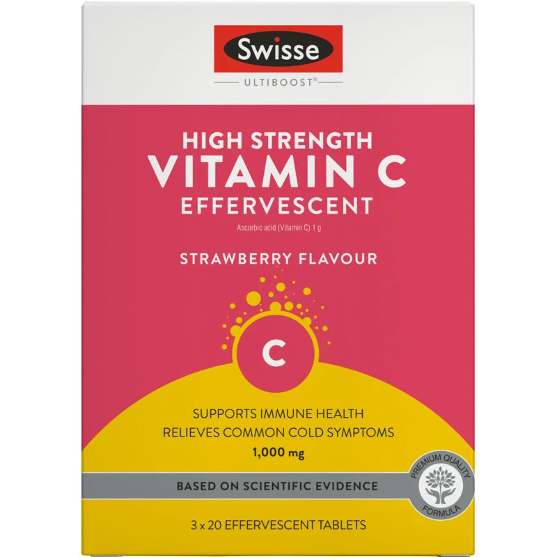 The image is a product packaging for Swiss Health's High Strength Vitamin C Effervescent, specifically the Strawberry Flavor C vitamin C effervescent.