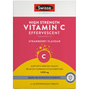 The image is a product packaging for Swiss Health's High Strength Vitamin C Effervescent, specifically the Strawberry Flavor C vitamin C effervescent.