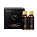 a product box and two bottles of a liquid product called "Youth Cell" with a black and gold color scheme.