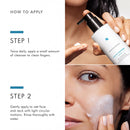 The image is a collage of two photos. The first photo shows a person applying a small amount of cleaner to their fingers, while the second photo shows a person applying the cleaner to their face.