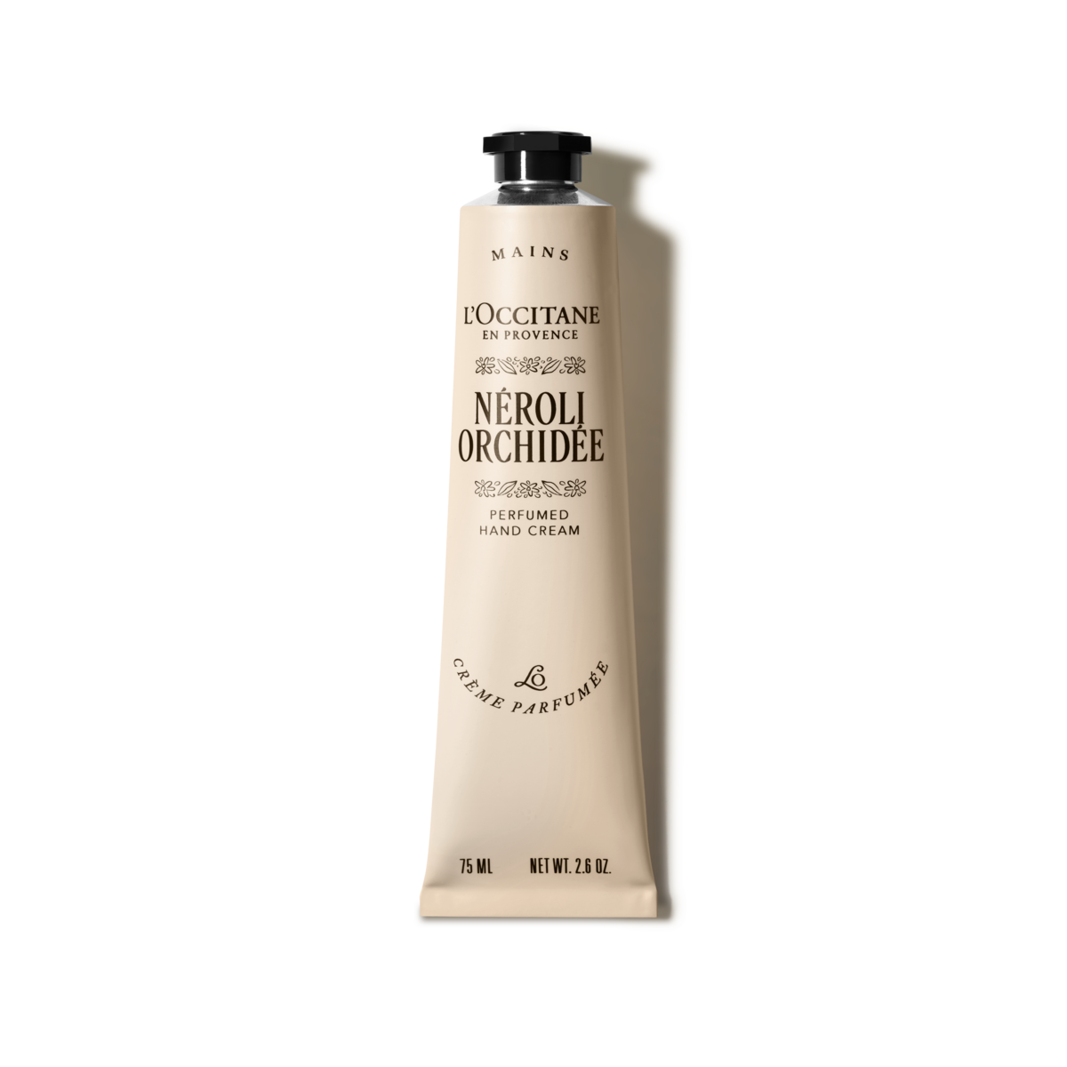 A tube of hand cream with a black cap, labeled as a "Hand Cream" from "L'OCCITANE EN PROVENCE NEROLI ORCHIDEE".