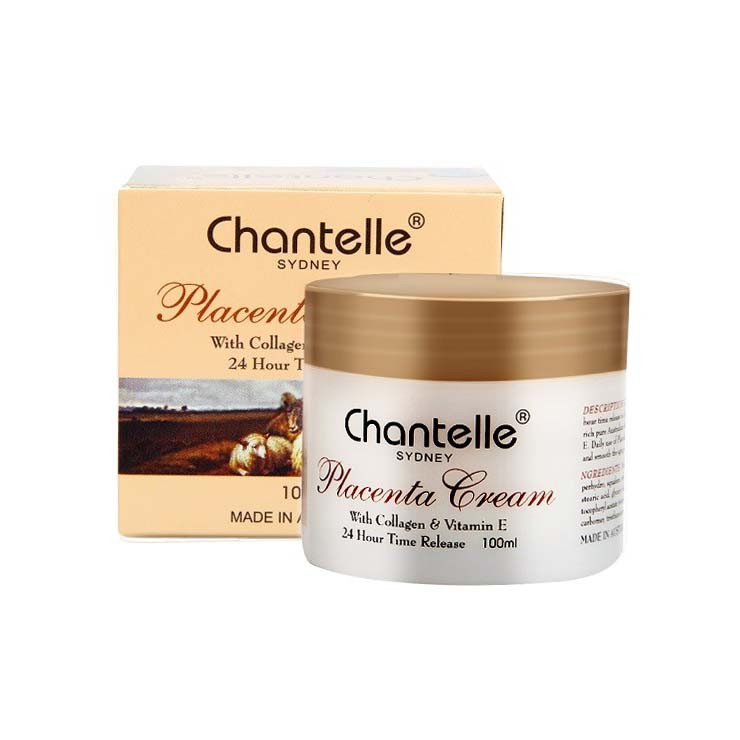 a box of Chantelle Sydney Placenta Cream and a jar of the cream, both placed next to each other.