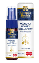 a bottle of Manuka Honey Oral Spray with Propolis and a box of the same product.