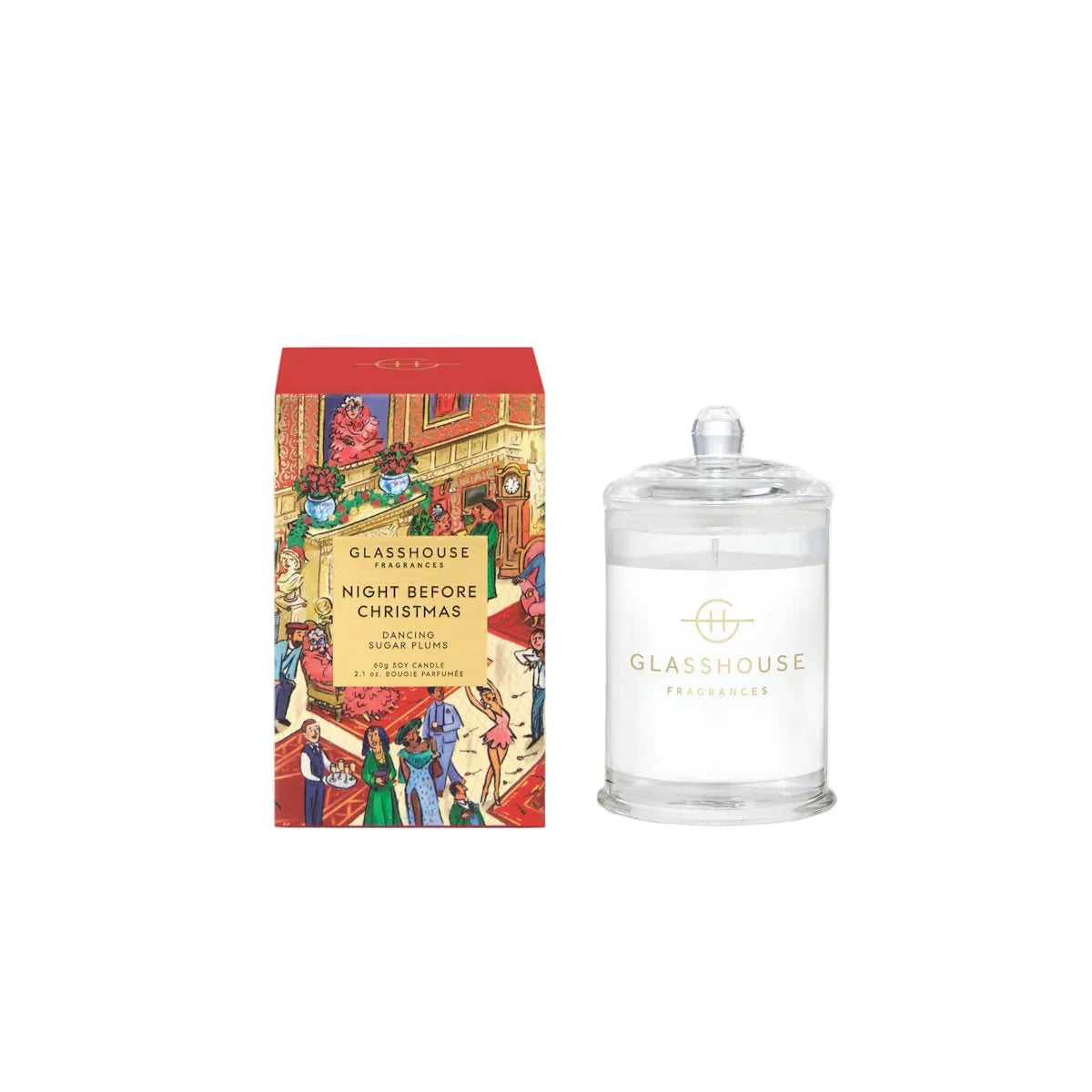a colorful box and a clear glass jar with the brand name "GLASSHOUSE" printed on them.