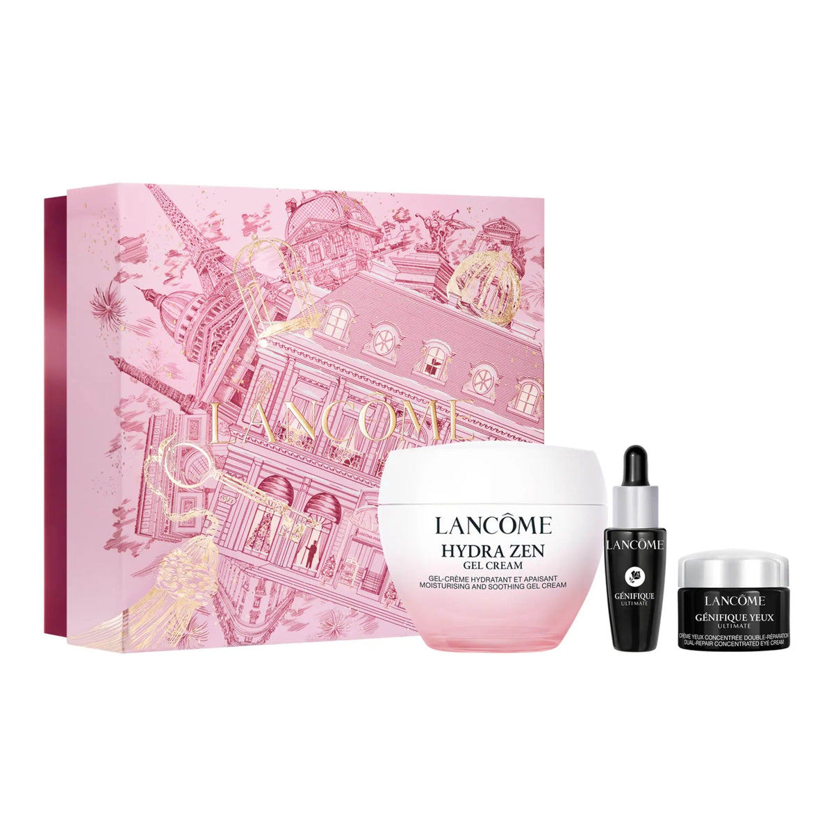 a set of beauty products, including a large pink box with a pink and white illustration, a bottle of Lancome Hydra Zen gel cream, and two smaller bottles of Lancome Genuine Ultimate GEL Cream.