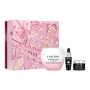 a set of beauty products, including a large pink box with a pink and white illustration, a bottle of Lancome Hydra Zen gel cream, and two smaller bottles of Lancome Genuine Ultimate GEL Cream.