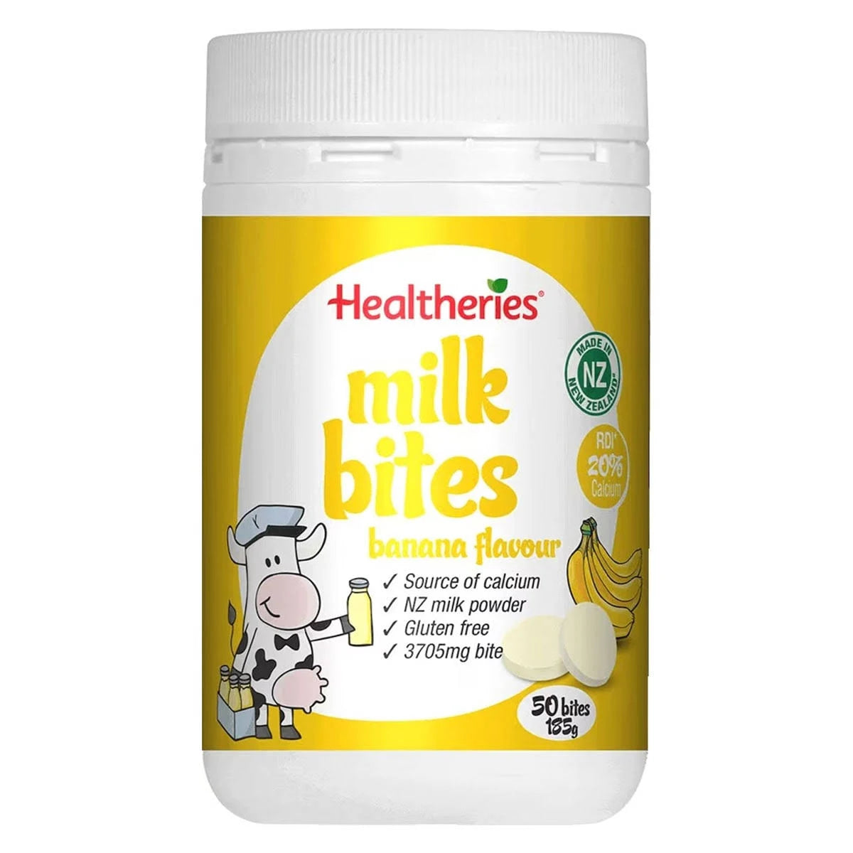 Milk Bites Banana - Healtheries Gluten Free Calcium Supplement | 50 Round Tablets Healtheries