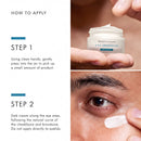 The image is a collage of two photos. The top photo shows a person's hand holding a jar of cream, with instructions on how to apply the cream. The bottom photo shows a close-up of a person's eye, with instructions on how to apply the cream to the eye area.