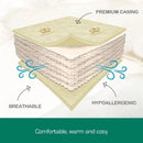The image is a detailed diagram of a bed sheet, highlighting its premium casing and hypoallergenic properties.