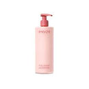 A bottle of pink liquid soap with a pump dispenser.