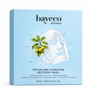 The image is a product packaging for a skincare product called "Instapump Hydration Recovery Mask" from Bayeco Australia. The packaging features a clear mask with a green leaf and a bunch of grapes, surrounded by water droplets, and the product is described as a "Multi-weight Hydrating Mask" that is "Antioxidant-rich Kakadu Plum" and "For All Skin Types - Protective Barrier Support". The packaging also indicates that it contains 28 mL and 5 Pcs 473 FL. OZ.