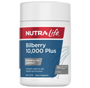 a bottle of NutraLife Bilberry 10,000 Plus Eye Health Support dietary supplement.