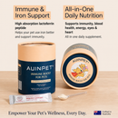 two pet supplement containers, one labeled "Immune & Iron Support" and the other "All-in-One Daily Nutrition", along with a spoon and a packet of the supplement.